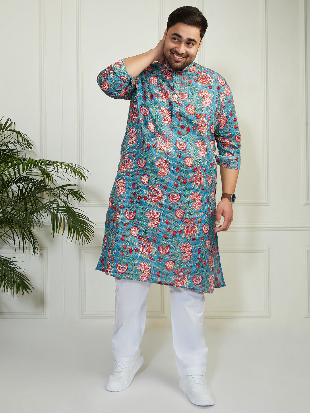 Plus Men's Aqua And White Cotton Kurta Pyjama Set