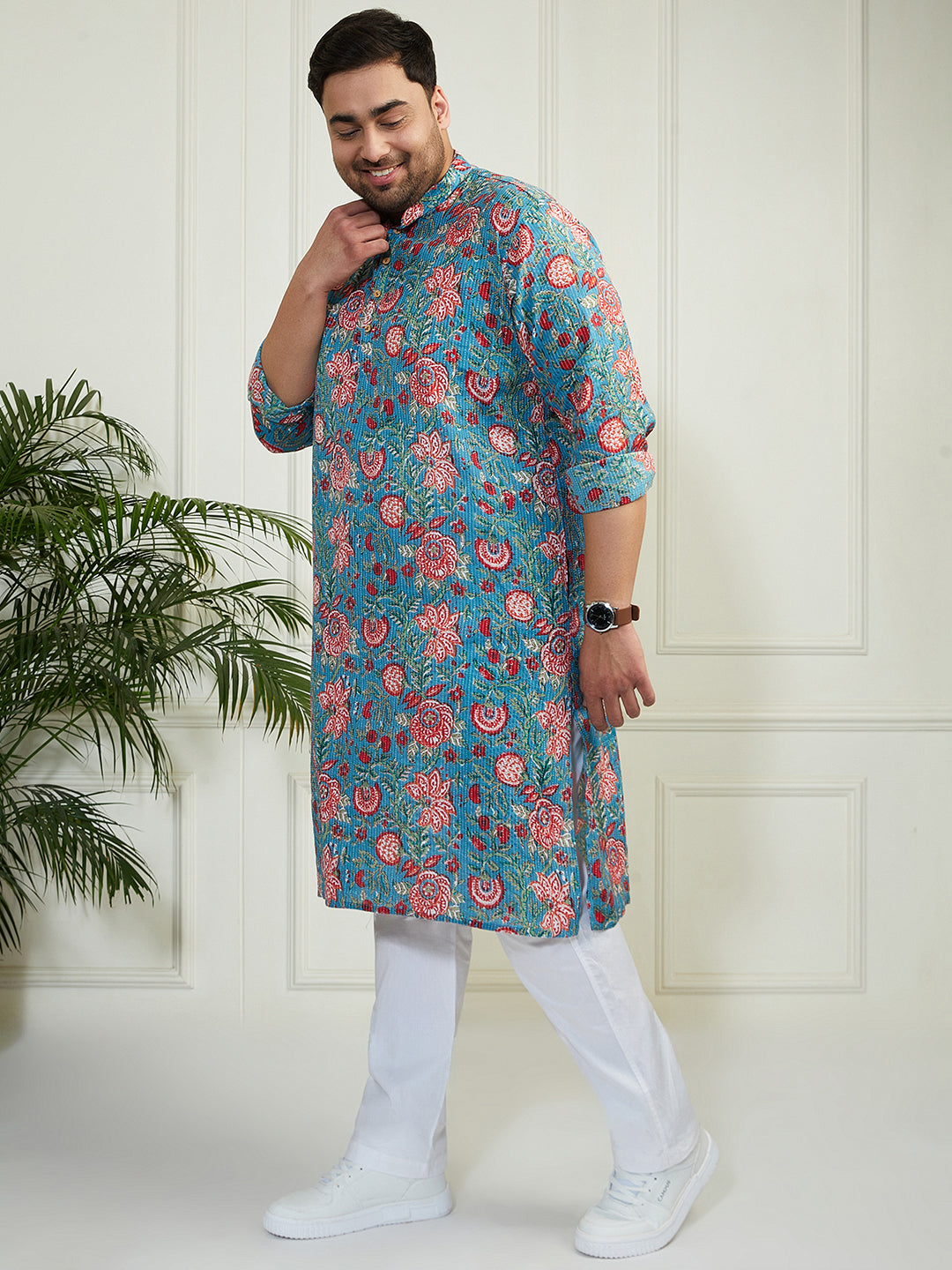 Plus Men's Aqua And White Cotton Kurta Pyjama Set