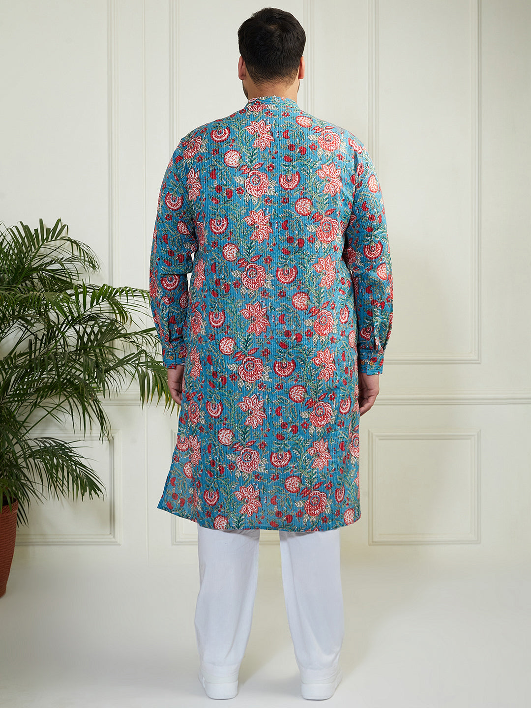 Plus Men's Aqua And White Cotton Kurta Pyjama Set