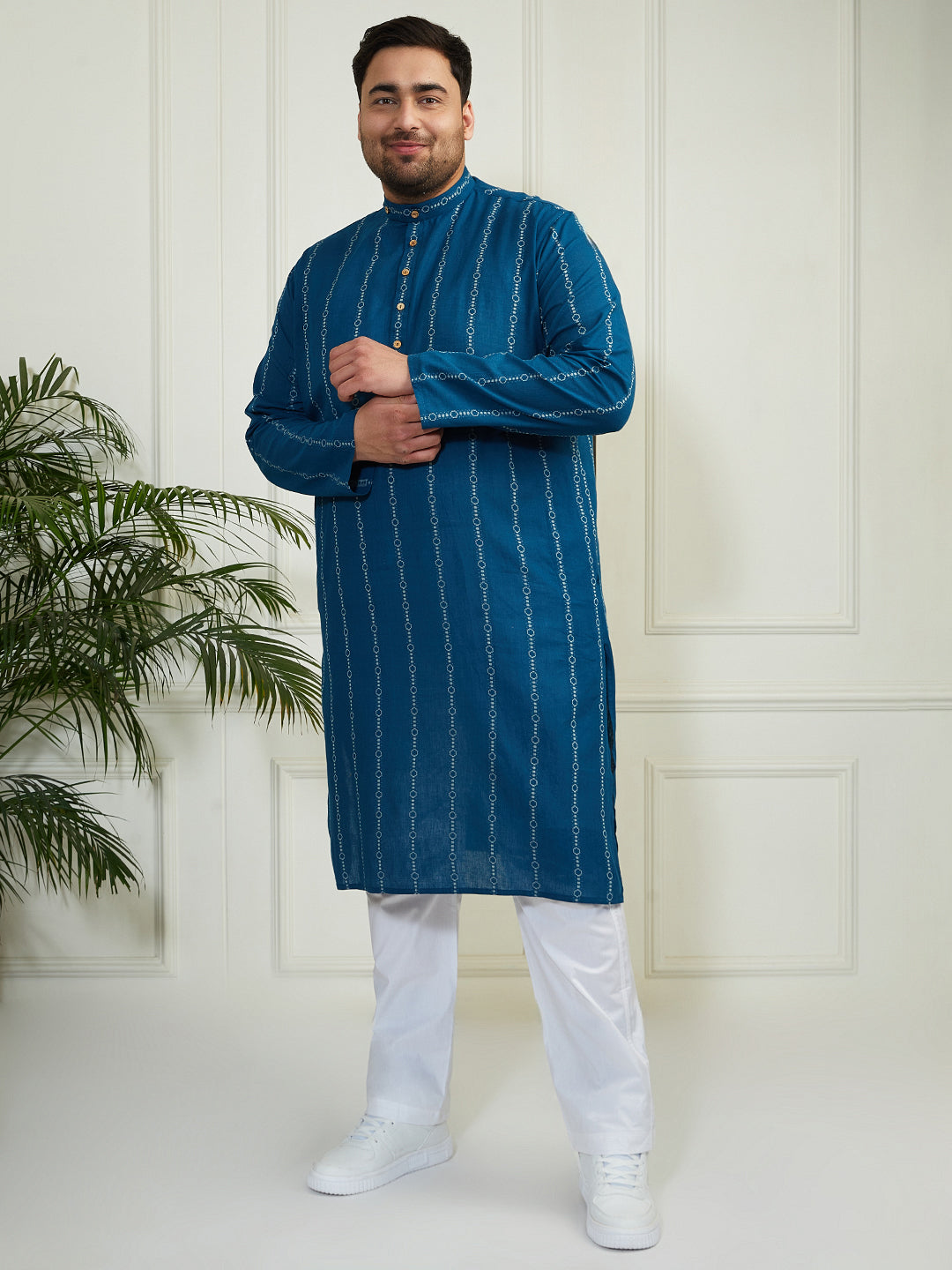 Plus Men's Indigo Blue Cotton Kurta Pyjama Set
