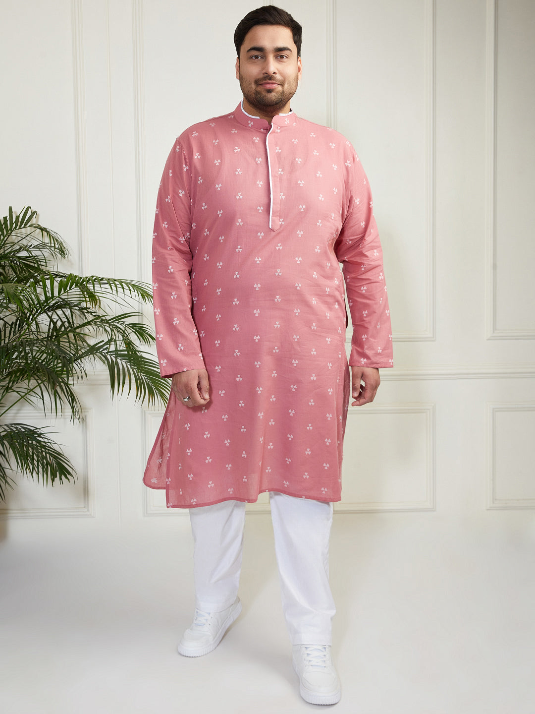 Plus Men's Pink And White Cotton Kurta Pyjama Set