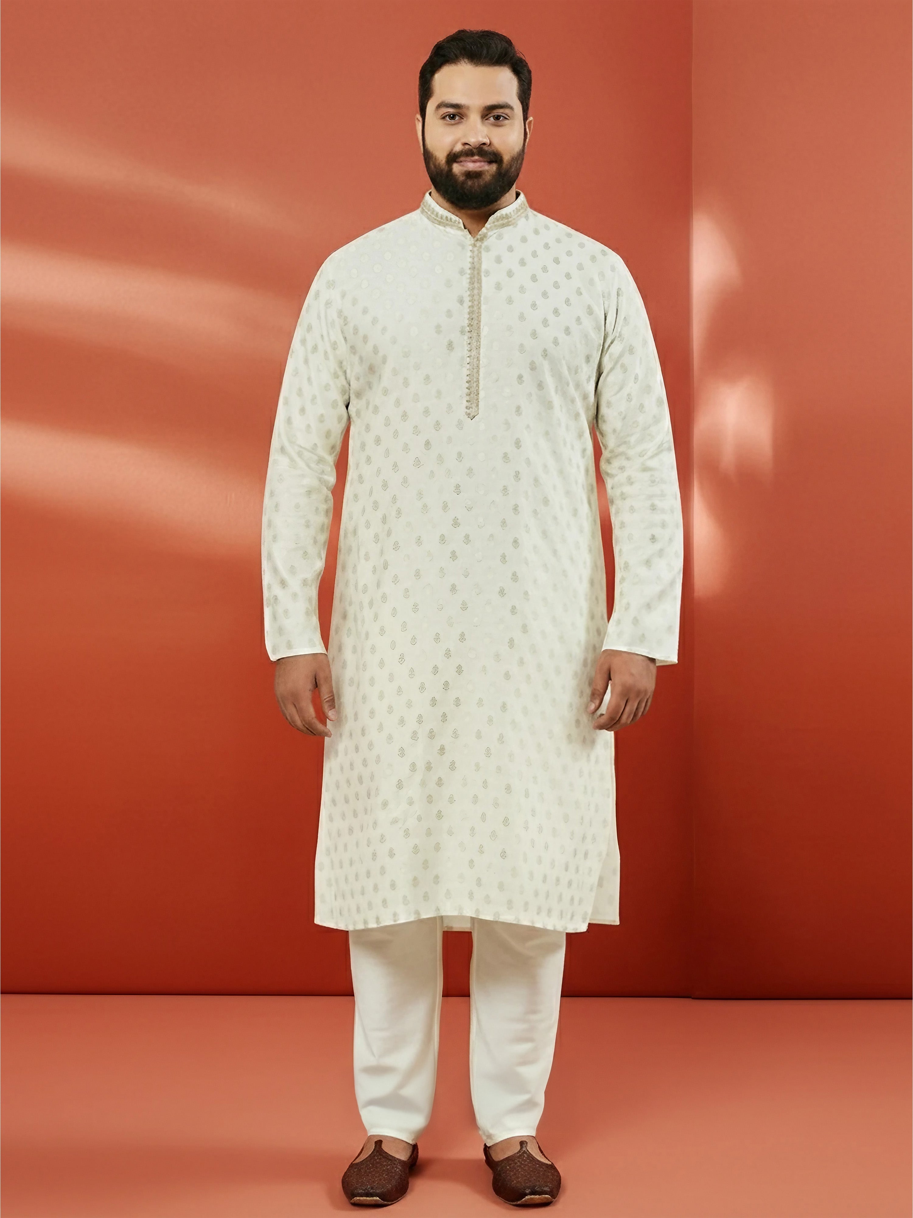 Men's Cream Silk Jacquard Kurta