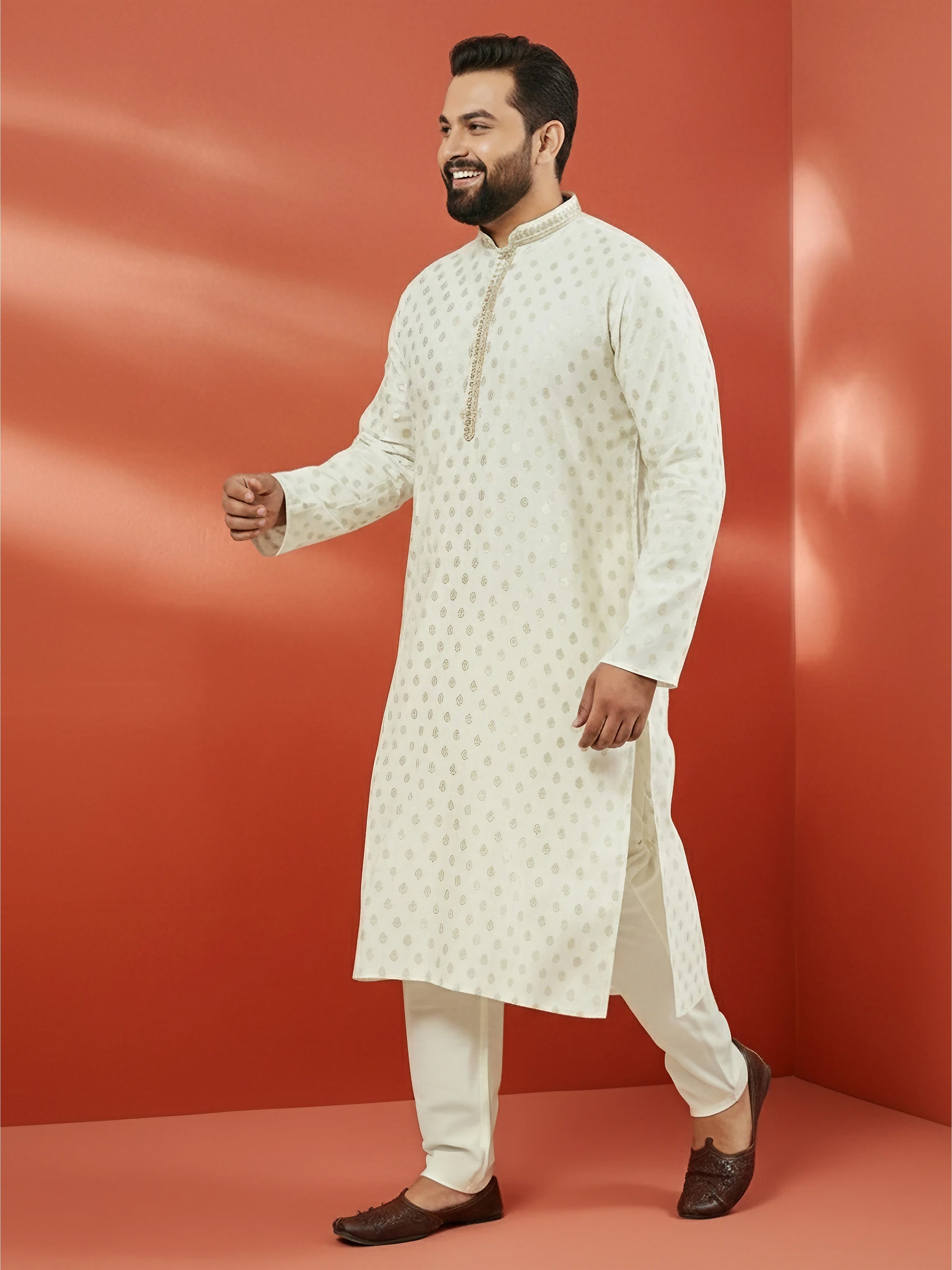 Men's Cream Silk Jacquard Kurta with Pyjama