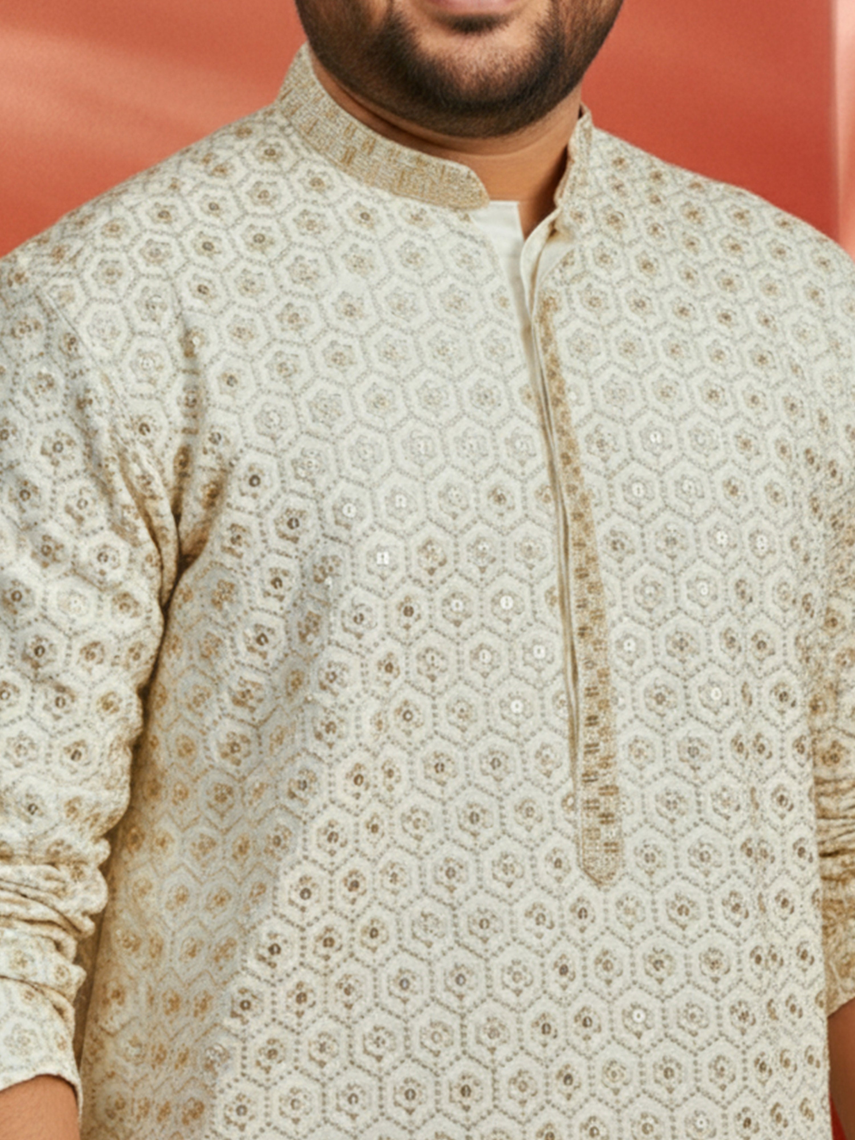 Men's Plus Off White Sequin Kurta