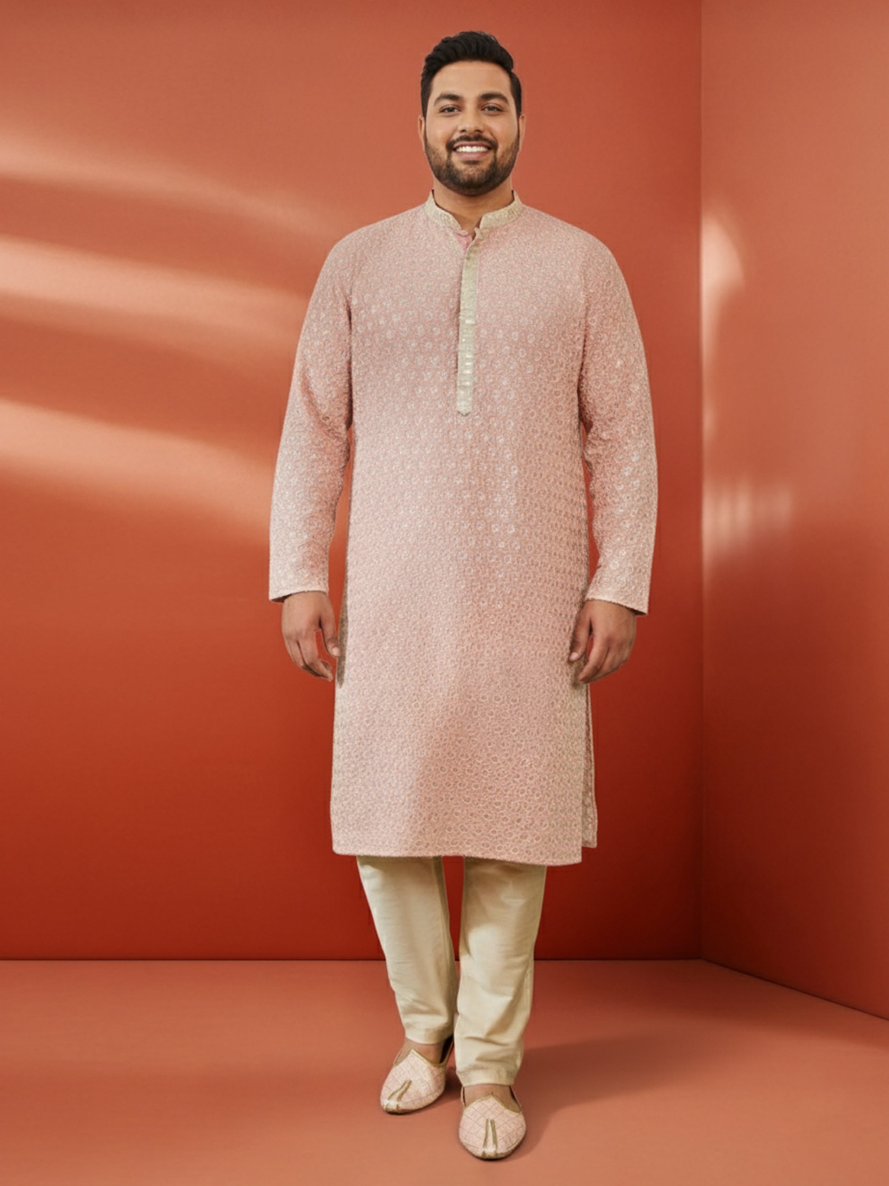 Men's Peach Sequin Embroidered Kurta with Cream Pant
