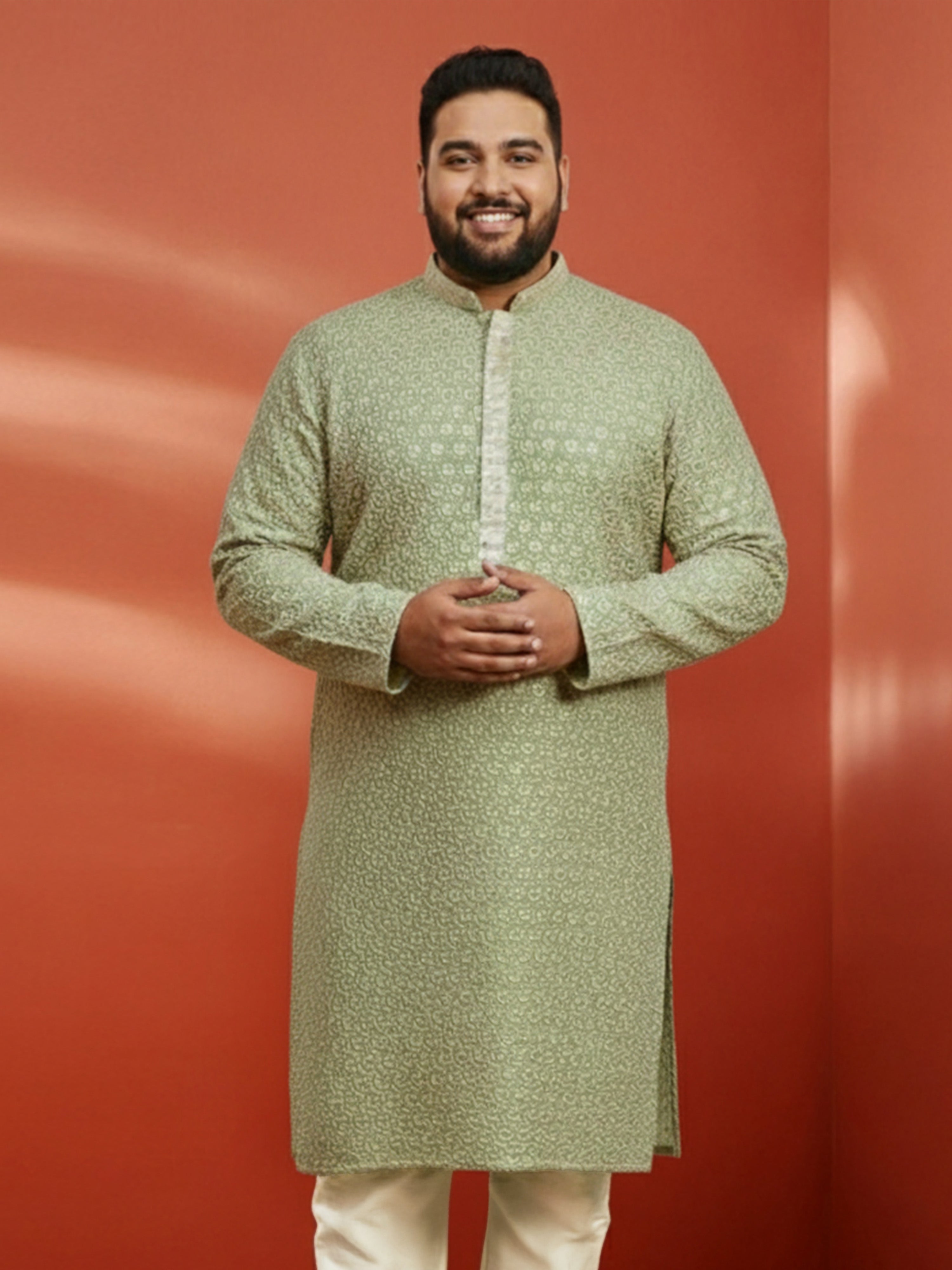 Men's Plus Pista Green Sequin Kurta