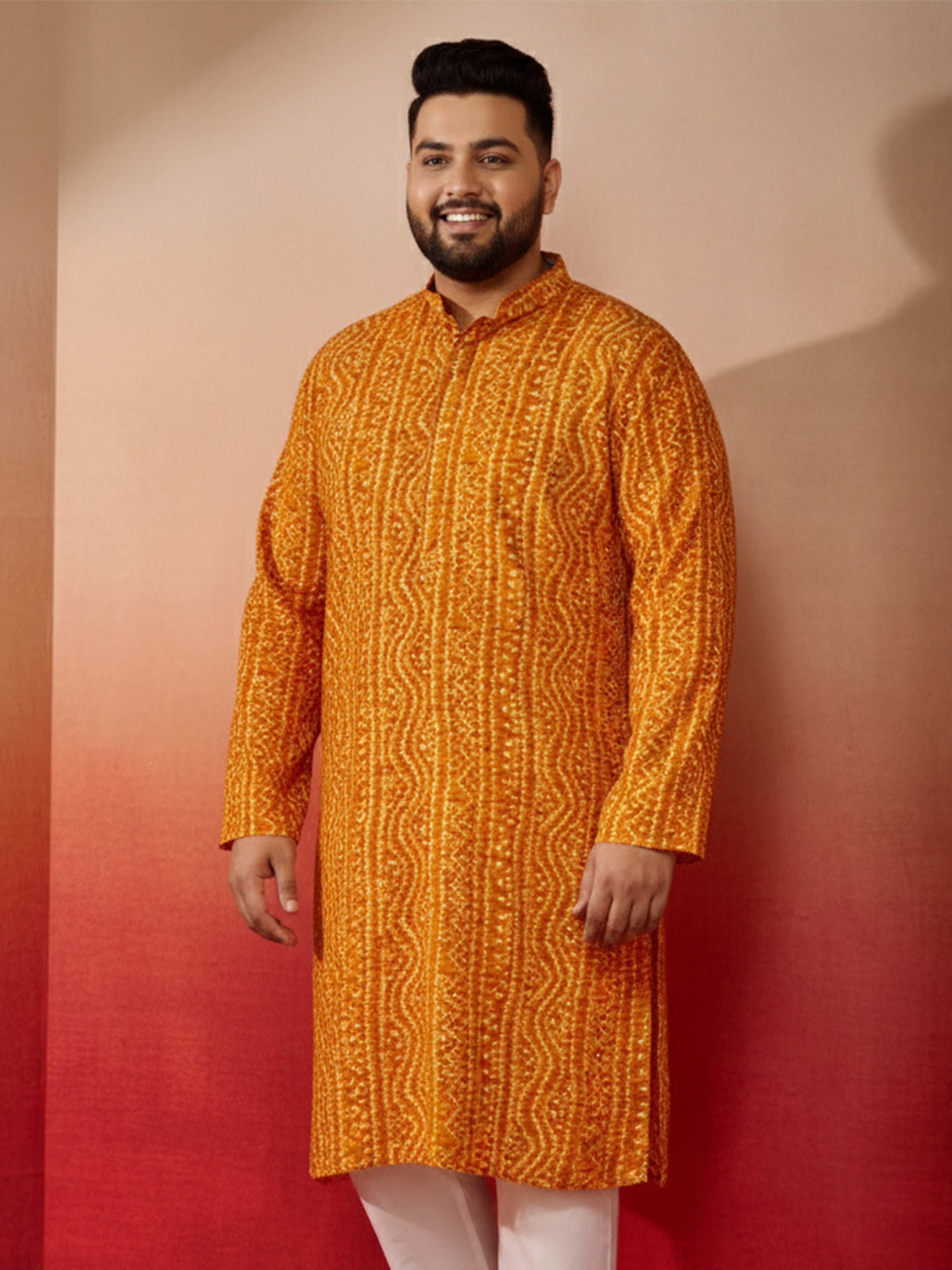 Men's Plus Mustard Bandhani Kurta