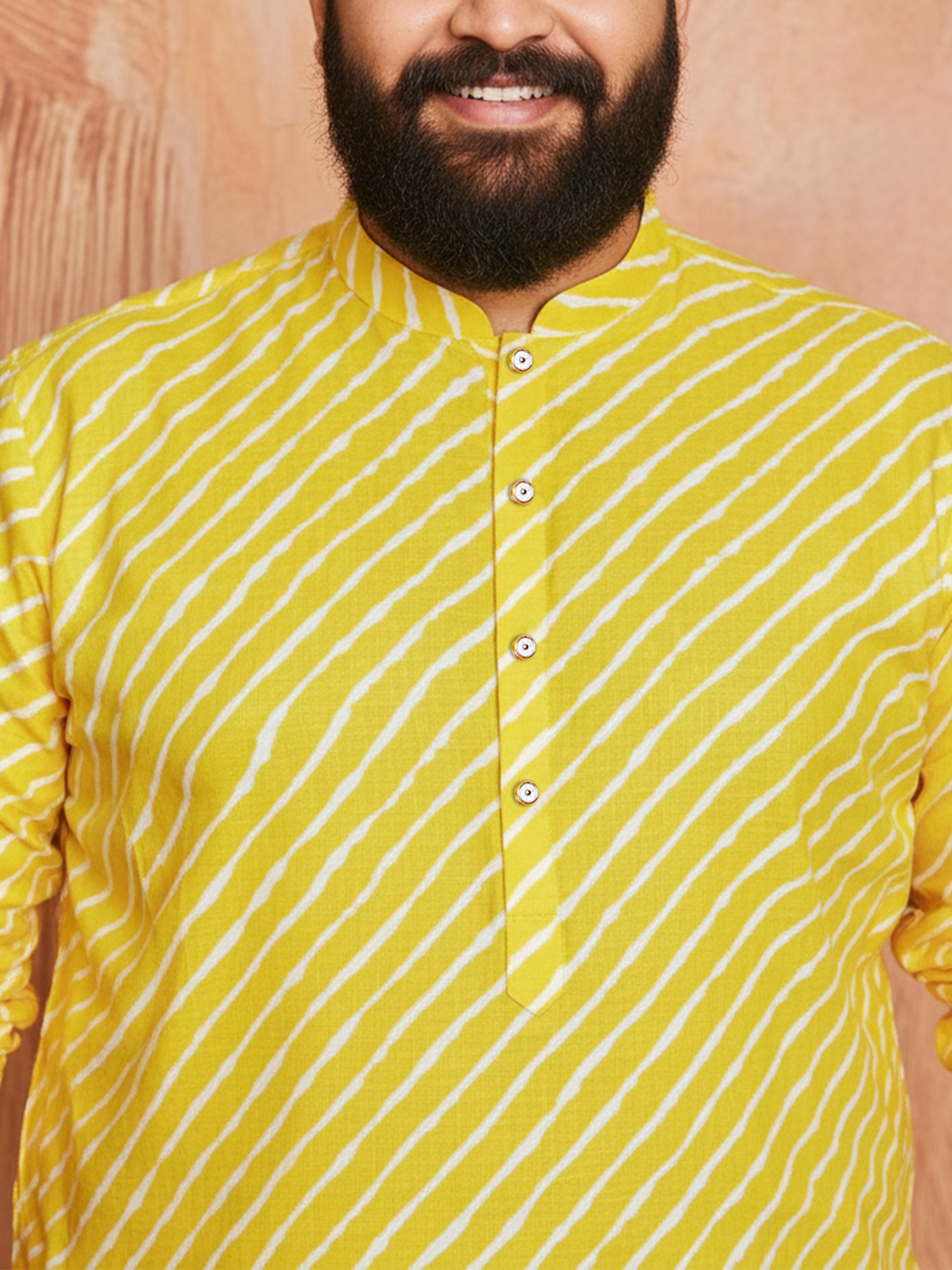 Men's Yellow Cotton Lehariya Print Kurta with Cream Pyjama Set
