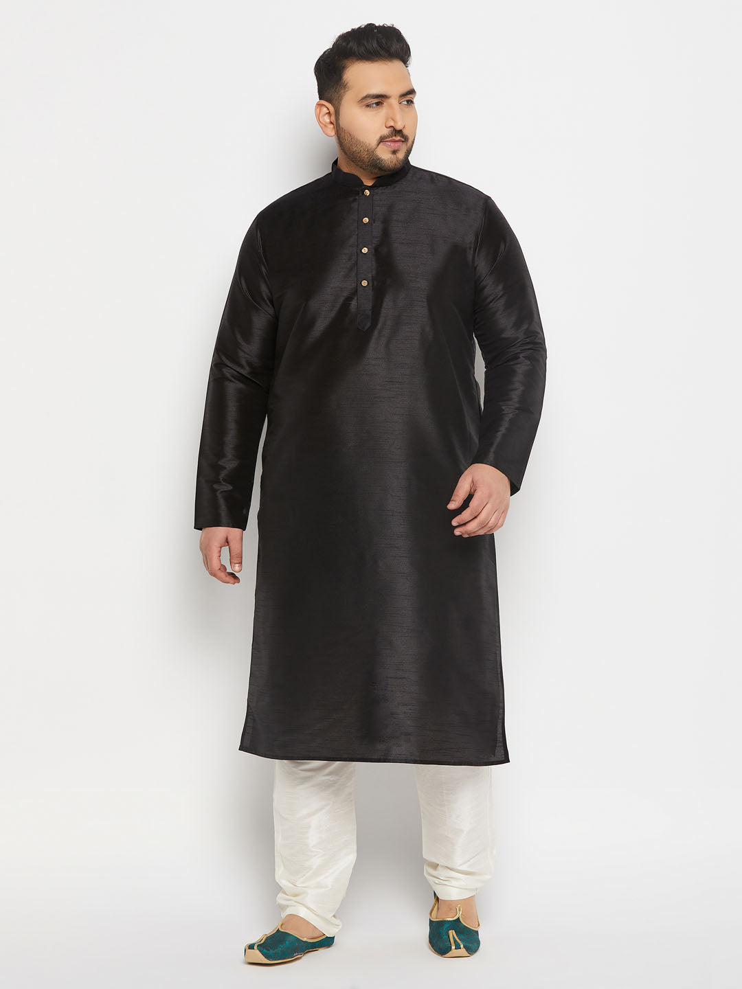 VASTRAMAY Men's Plus Size  Black Silk Blend Kurta and Cream Pant Style Pyjama Set