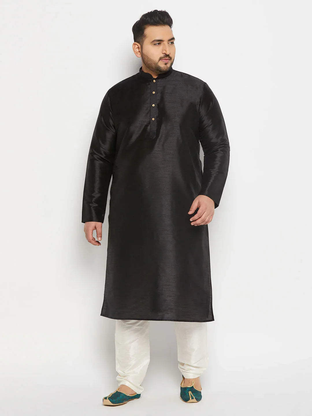 Men's Plus Size  Black Silk Blend Kurta And Cream Pant Style Pyjama Set