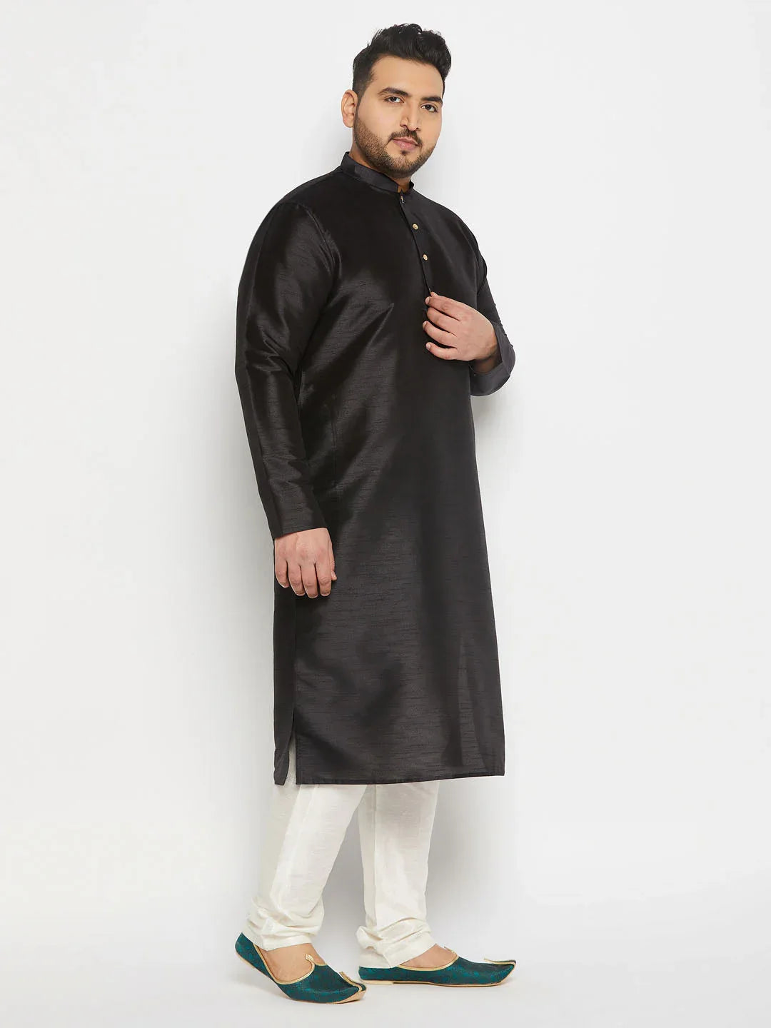 Men's Plus Size  Black Silk Blend Kurta And Cream Pant Style Pyjama Set