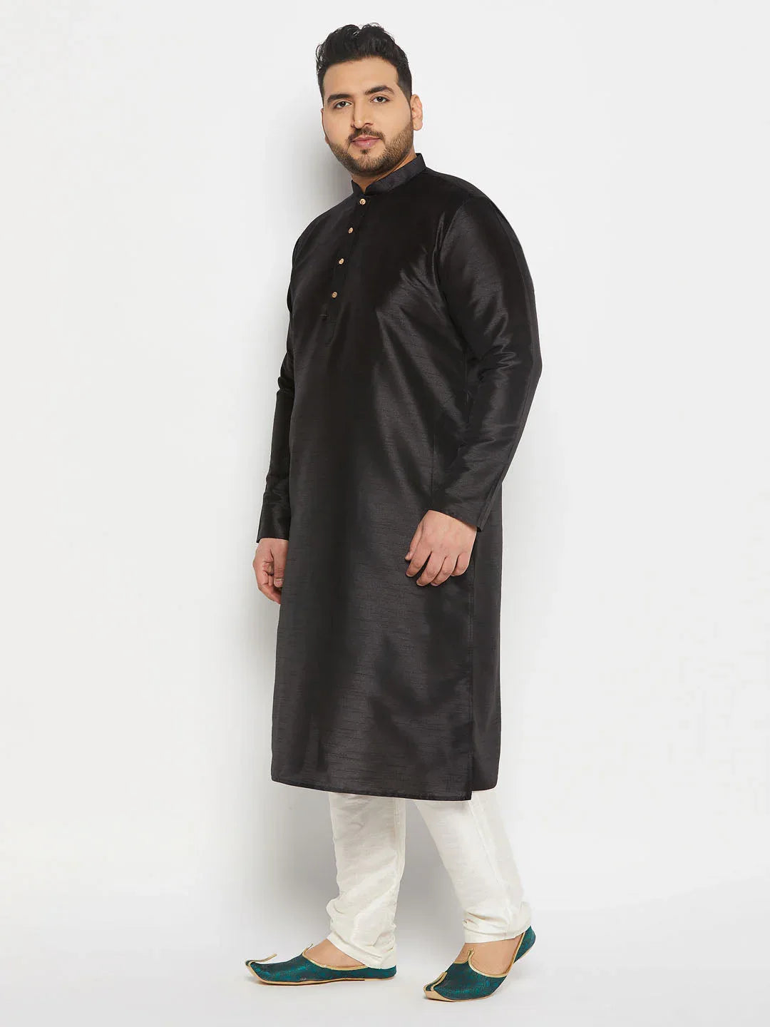Men's Plus Size  Black Silk Blend Kurta And Cream Pant Style Pyjama Set
