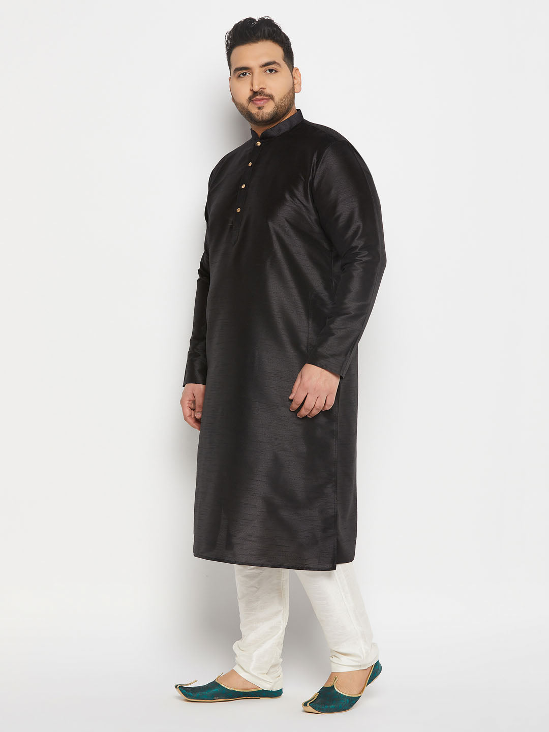 Men's Plus Size  Black Silk Blend Kurta And Cream Pant Style Pyjama Set