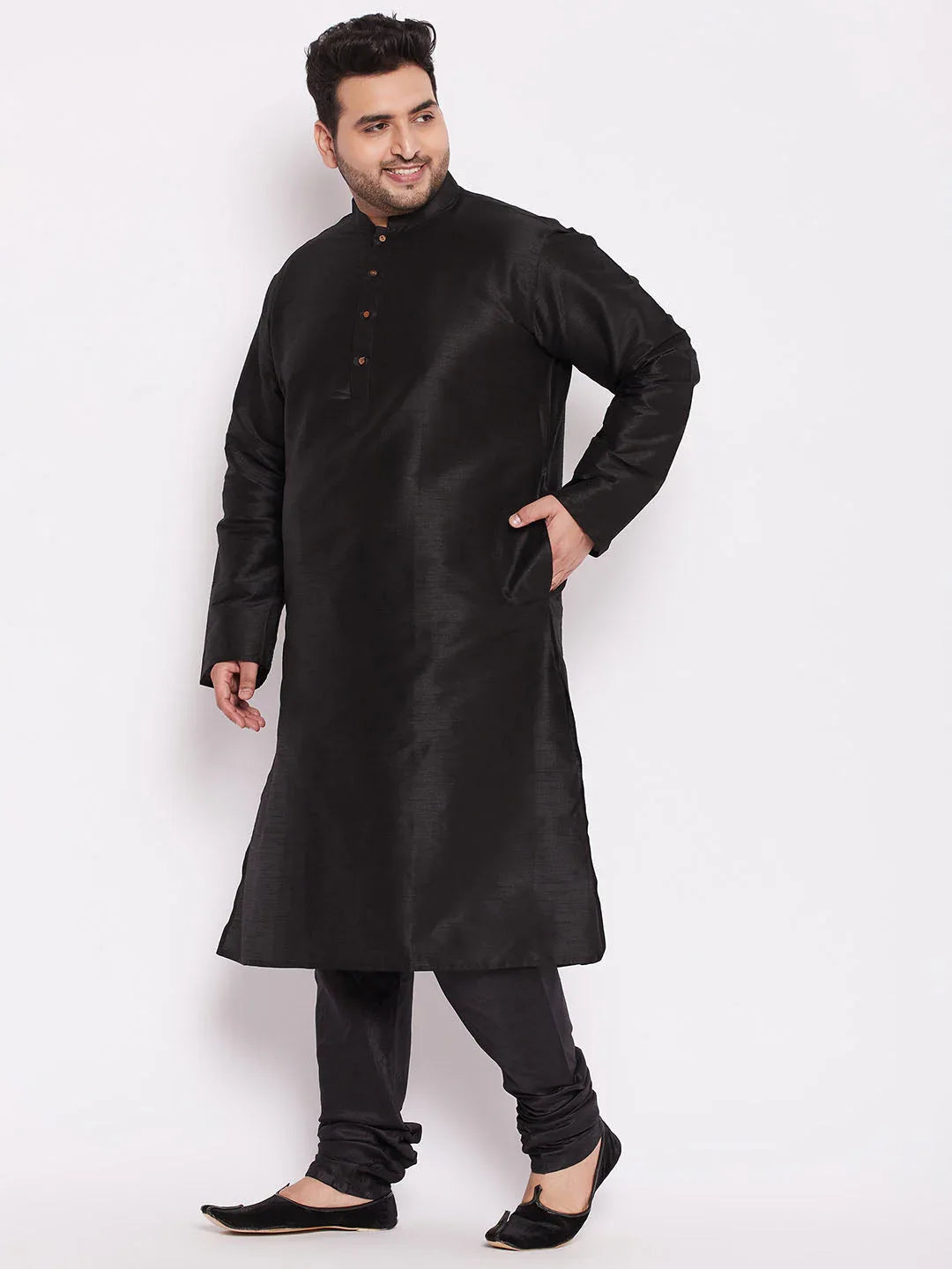 Men's Plus Size Black Cotton Silk Blend Kurta And Pyjama Set