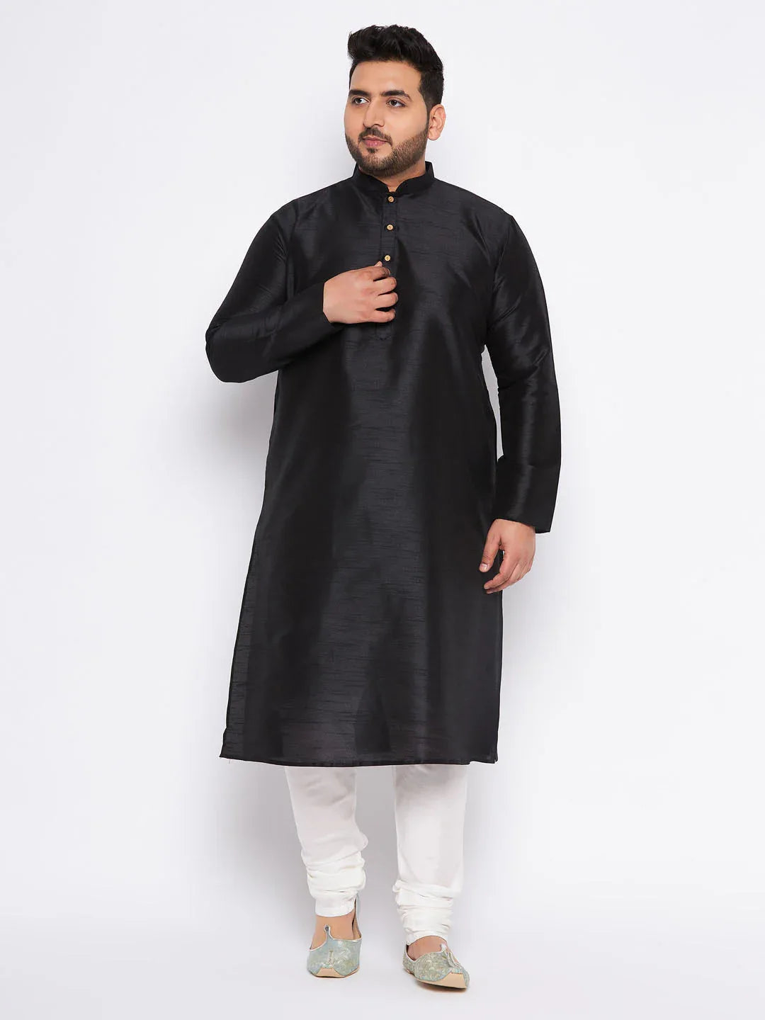Men's Plus Size Black Cotton Silk Blend Kurta And Cream Pyjama Set