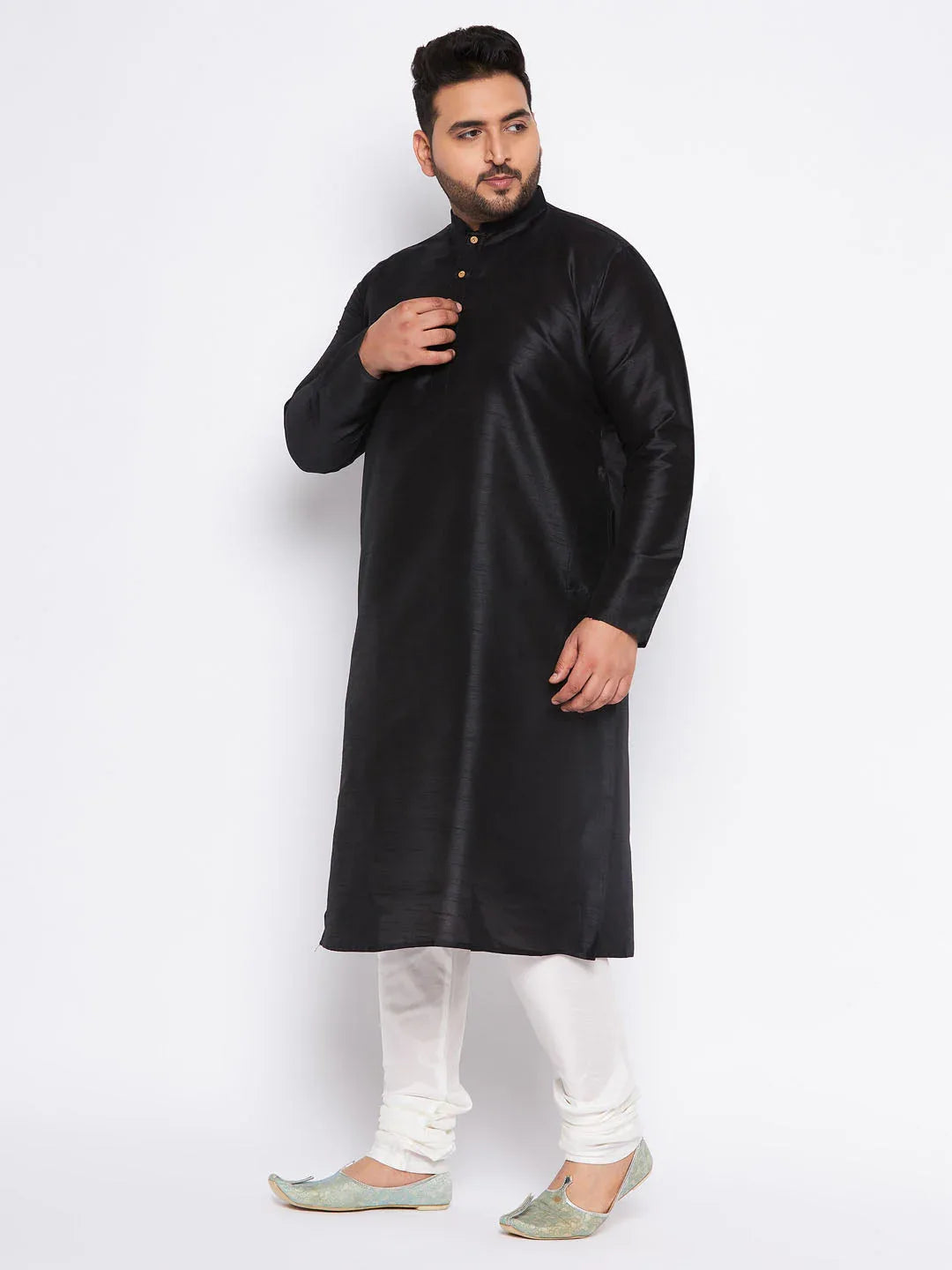 Men's Plus Size Black Cotton Silk Blend Kurta And Cream Pyjama Set