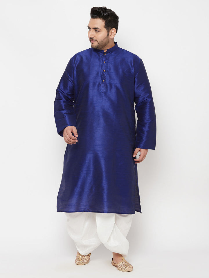 VASTRAMAY Men's Plus Size Dark Blue Silk Blend Kurta And White Dhoti Set