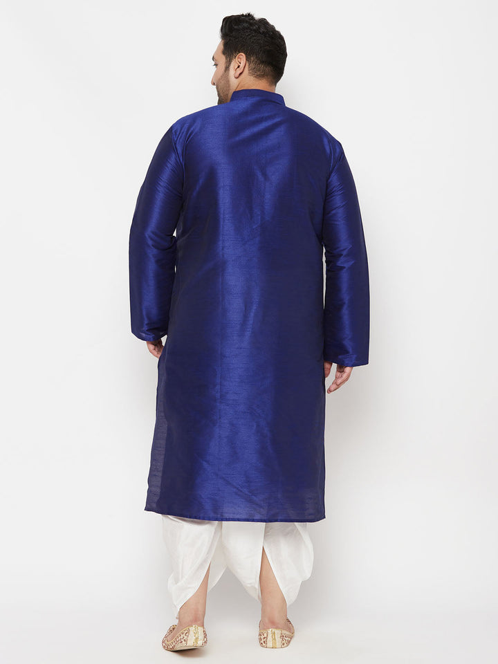 VASTRAMAY Men's Plus Size Dark Blue Silk Blend Kurta And White Dhoti Set