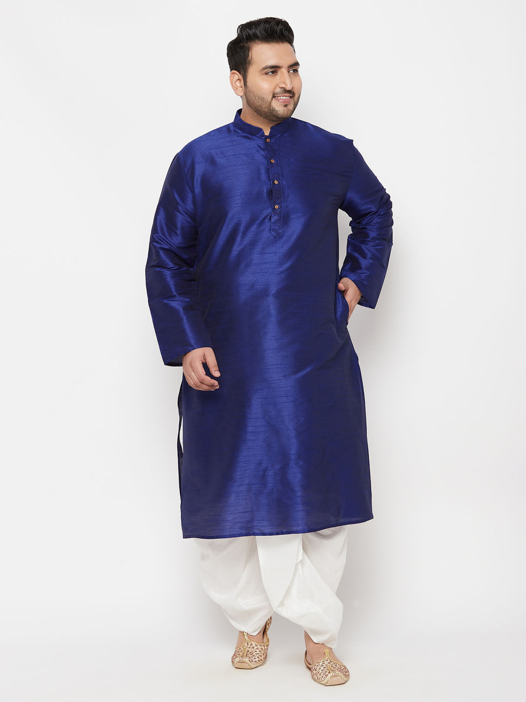 VASTRAMAY Men's Plus Size Dark Blue Silk Blend Kurta And White Dhoti Set