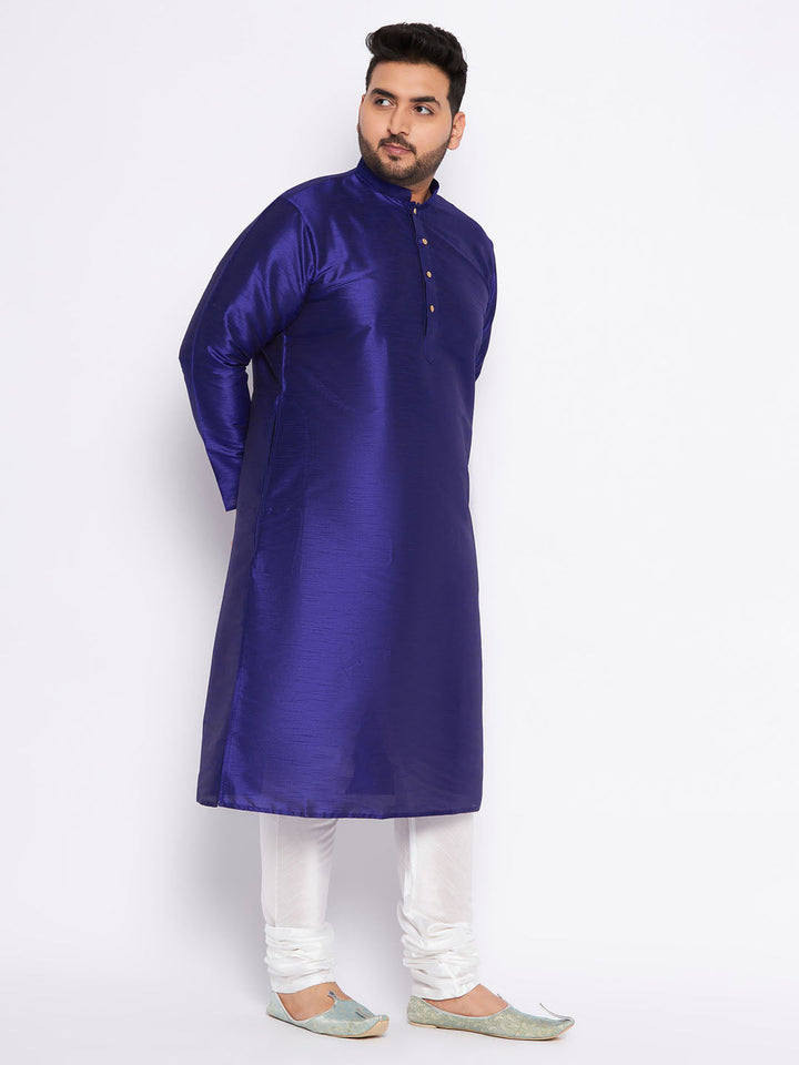 VASTRAMAY Men's Plus Size Dark Blue Silk Blend Kurta And White Pyjama Set - Traditional Indian ethnic wear for men in larger sizes