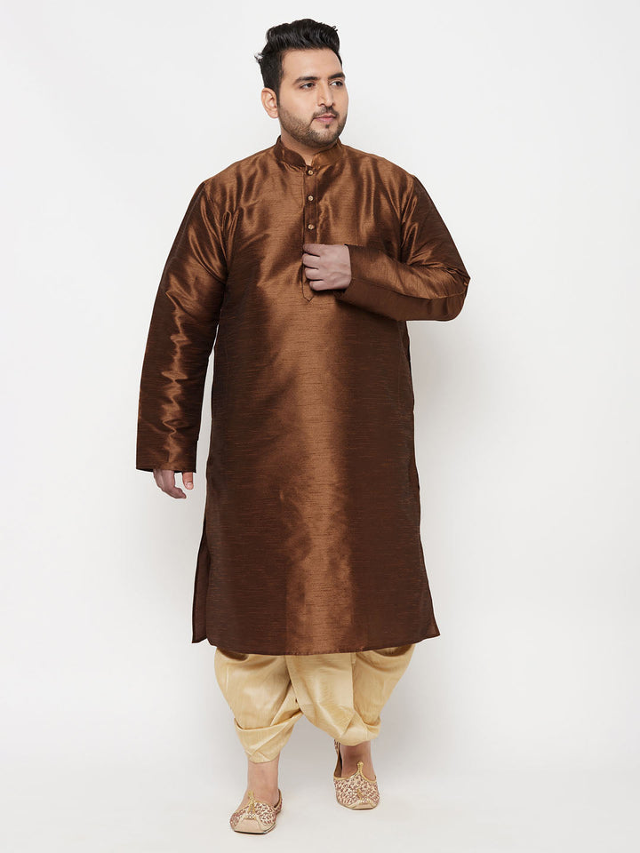 VASTRAMAY Men's Plus Size Coffee Silk Blend Kurta And Gold Dhoti Set