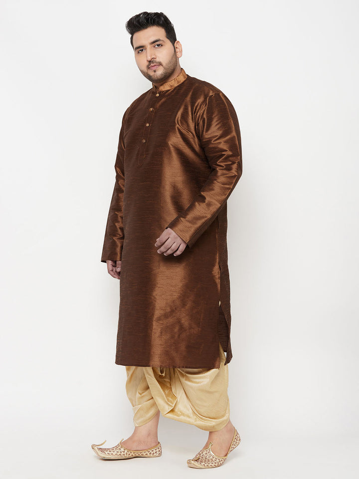 VASTRAMAY Men's Plus Size Coffee Silk Blend Kurta And Gold Dhoti Set