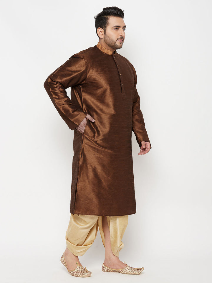 VASTRAMAY Men's Plus Size Coffee Silk Blend Kurta And Gold Dhoti Set