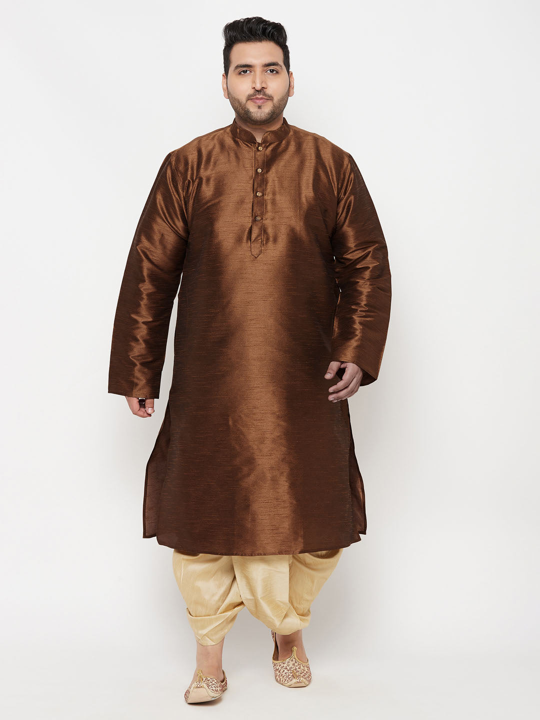 VASTRAMAY Men's Plus Size Coffee Silk Blend Kurta And Gold Dhoti Set