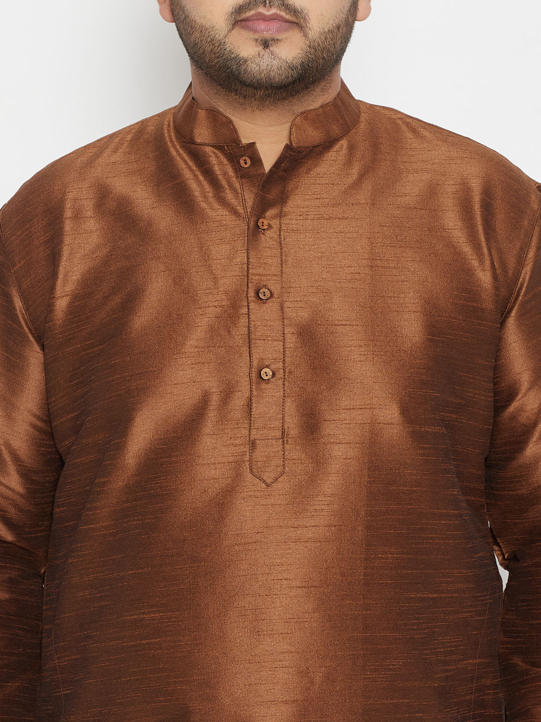 VASTRAMAY Men's Plus Size Coffee Brown And Gold Silk Blend Kurta Pyjama Set