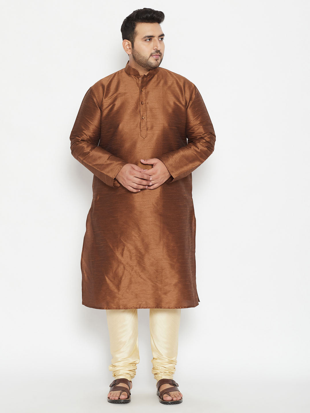 VASTRAMAY Men's Plus Size Coffee Brown And Gold Silk Blend Kurta Pyjama Set