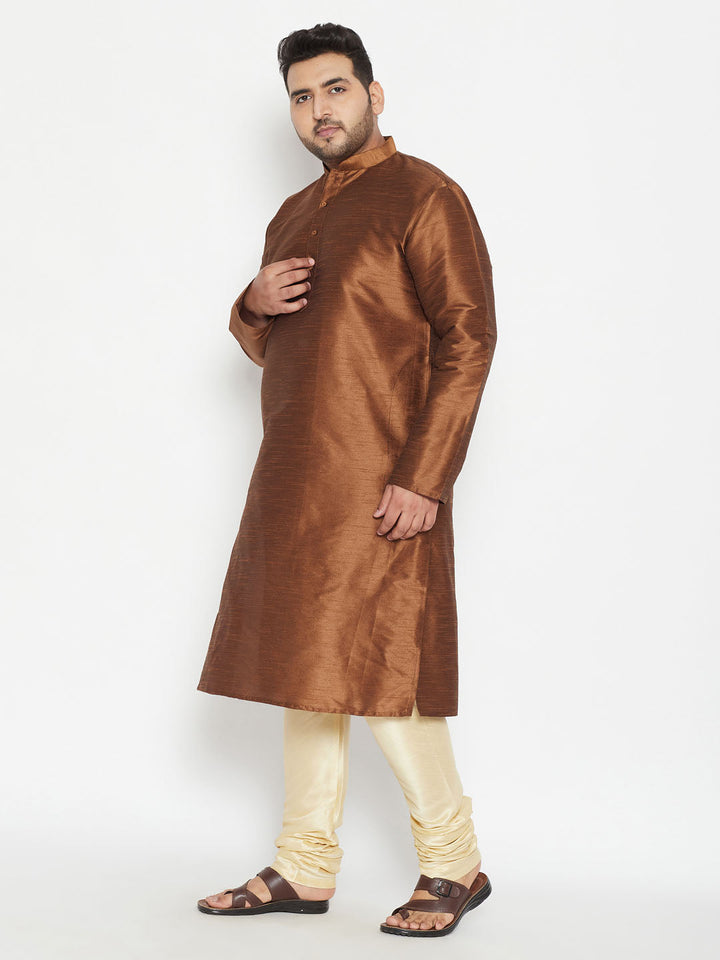 VASTRAMAY Men's Plus Size Coffee Brown And Gold Silk Blend Kurta Pyjama Set - Traditional Indian ethnic wear for men in rich coffee brown and gold colors, made of luxurious silk blend fabric