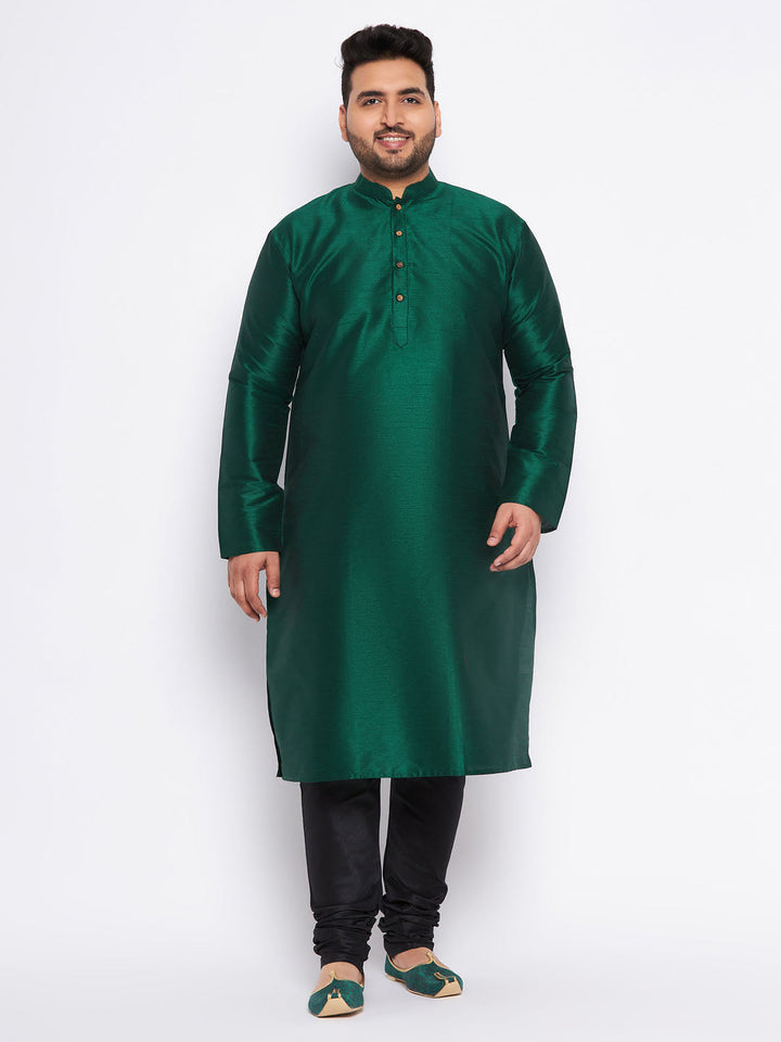 VASTRAMAY Men's Plus Size Green Silk Blend Kurta And Black Pyjama Set