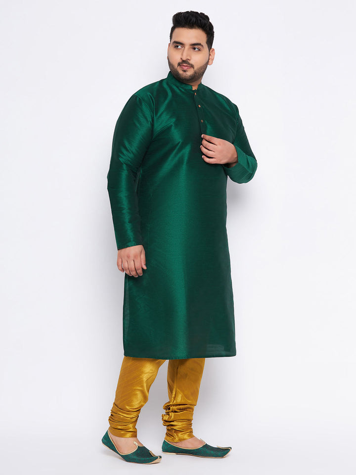 VASTRAMAY Men's Plus Size Green Silk Blend Kurta And Mustard Pyjama Set, traditional Indian ethnic wear for special occasions and festivals