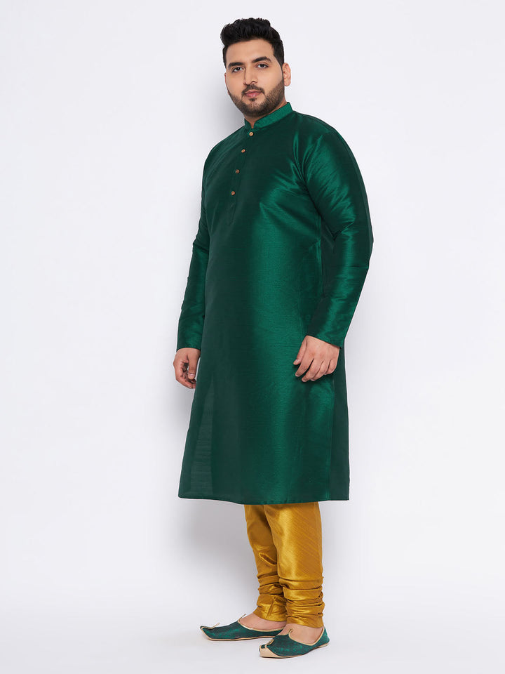 VASTRAMAY Men's Plus Size Green Silk Blend Kurta And Mustard Pyjama Set