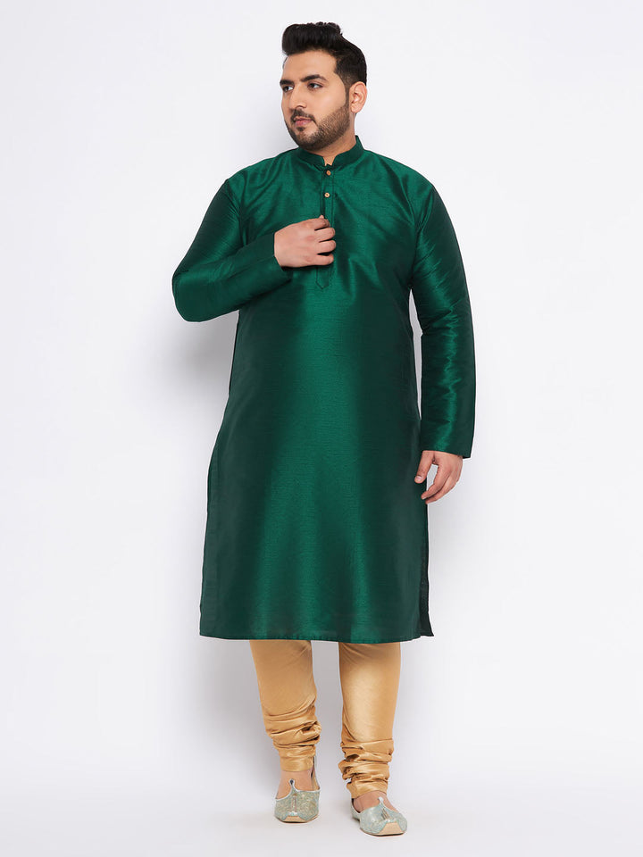 VASTRAMAY Men's Plus Size Green Silk Blend Kurta And Rose Gold Pyjama Set - Stylish and comfortable ethnic wear for men