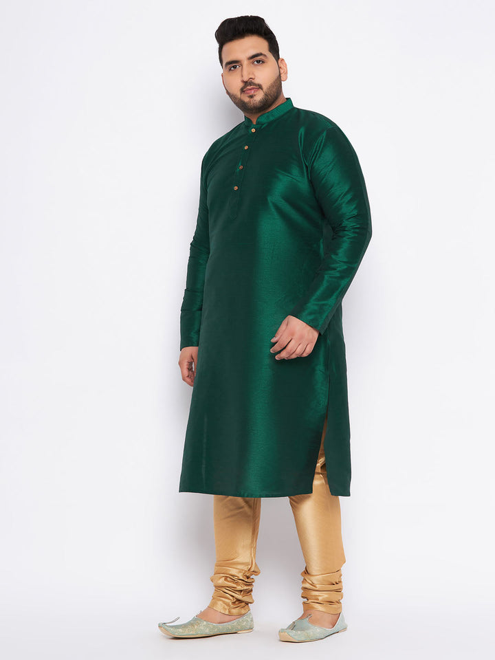 VASTRAMAY Men's Plus Size Green Silk Blend Kurta And Rose Gold Pyjama Set, perfect for special occasions and comfortable lounging at home