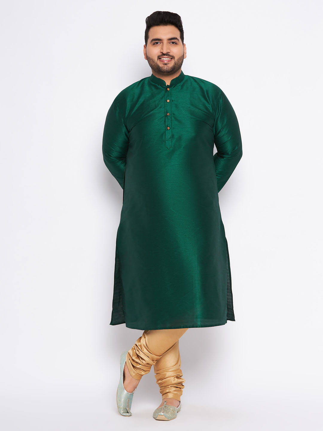 VASTRAMAY Men's Plus Size Green Silk Blend Kurta And Rose Gold Pyjama Set - Traditional Indian ethnic attire in a comfortable and stylish design for men