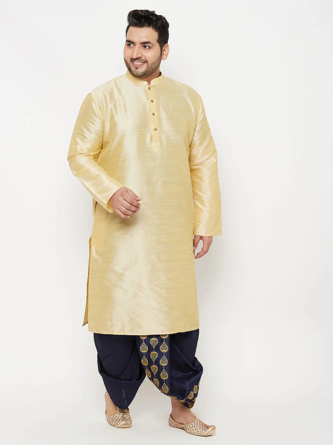 Men's Plus Size Gold Silk Blend Kurta And Navy Blue Dhoti Set