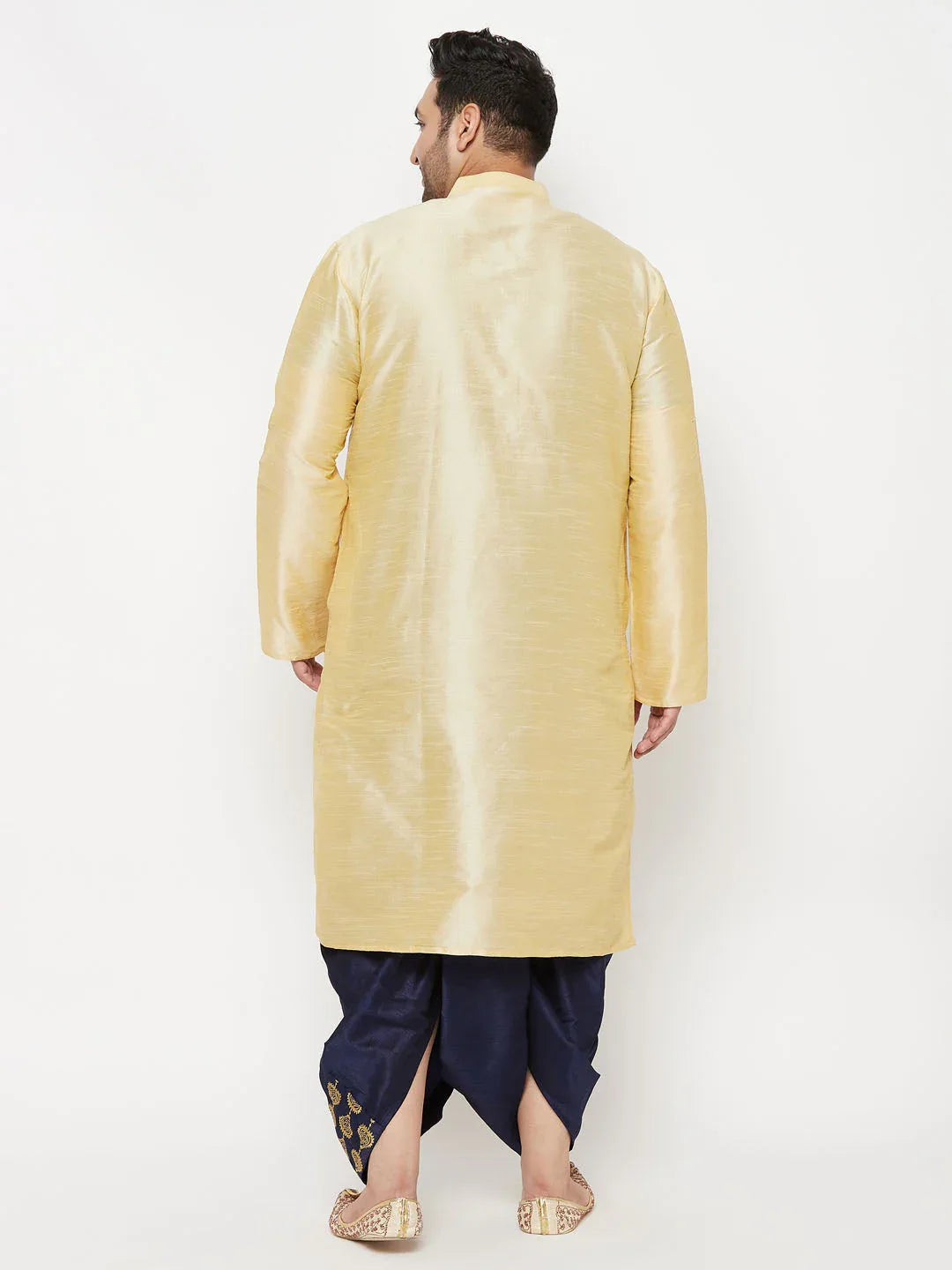 Men's Plus Size Gold Silk Blend Kurta And Navy Blue Dhoti Set