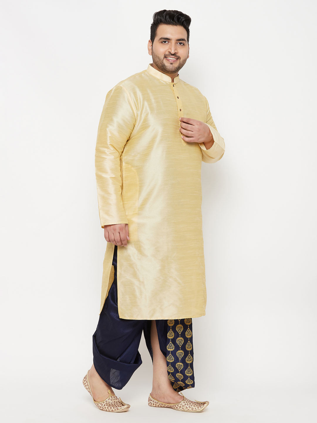 VASTRAMAY Men's Plus Size Gold Silk Blend Kurta And Navy Blue Dhoti Set