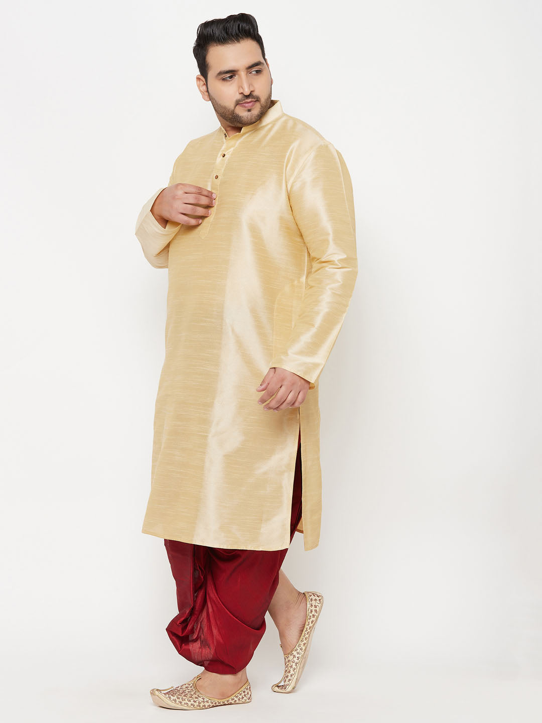 VASTRAMAY Men's Plus Size Gold Silk Blend Kurta And Maroon Solid Dhoti Set