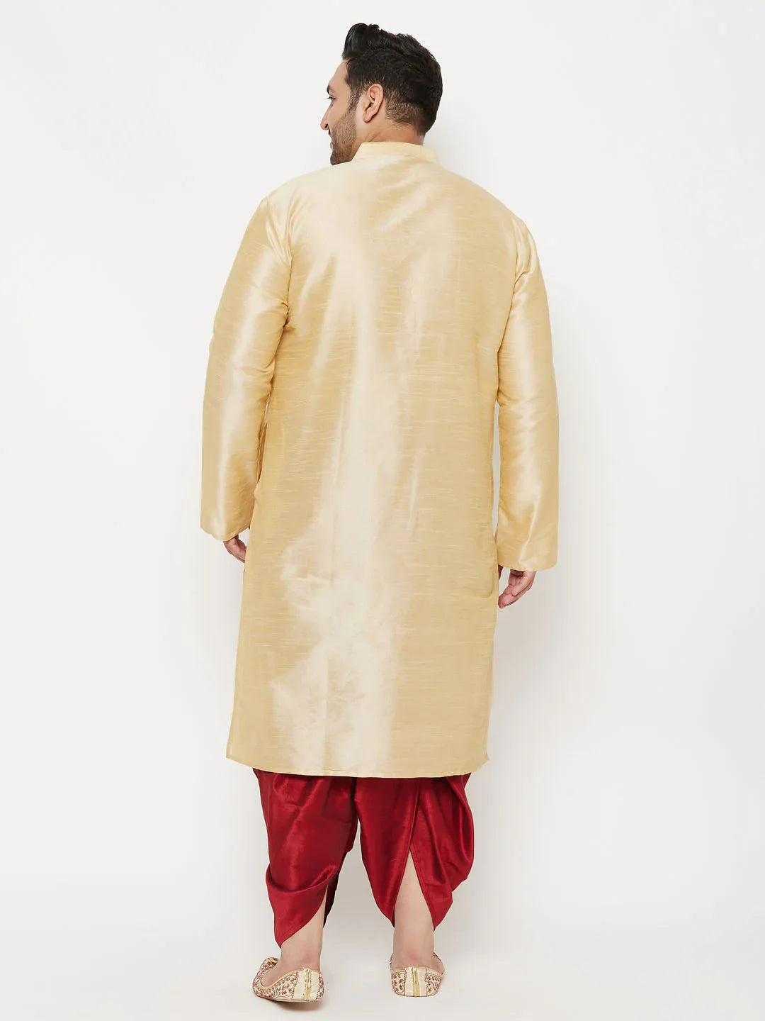 Men's Plus Size Gold Silk Blend Kurta And Maroon Solid Dhoti Set
