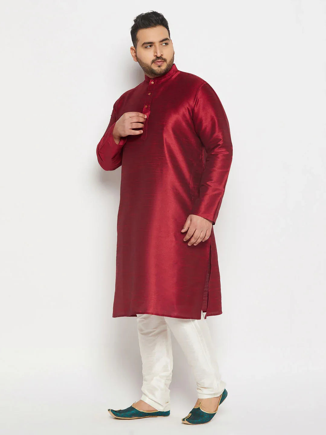 Men's Plus Size Maroon Silk Blend Kurta And Cream Pant Style Pyjama Set