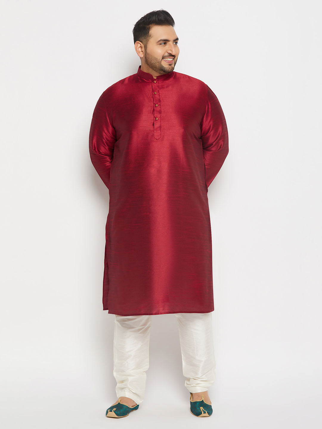 Men's Plus Size Maroon Silk Blend Kurta And Cream Pant Style Pyjama Set