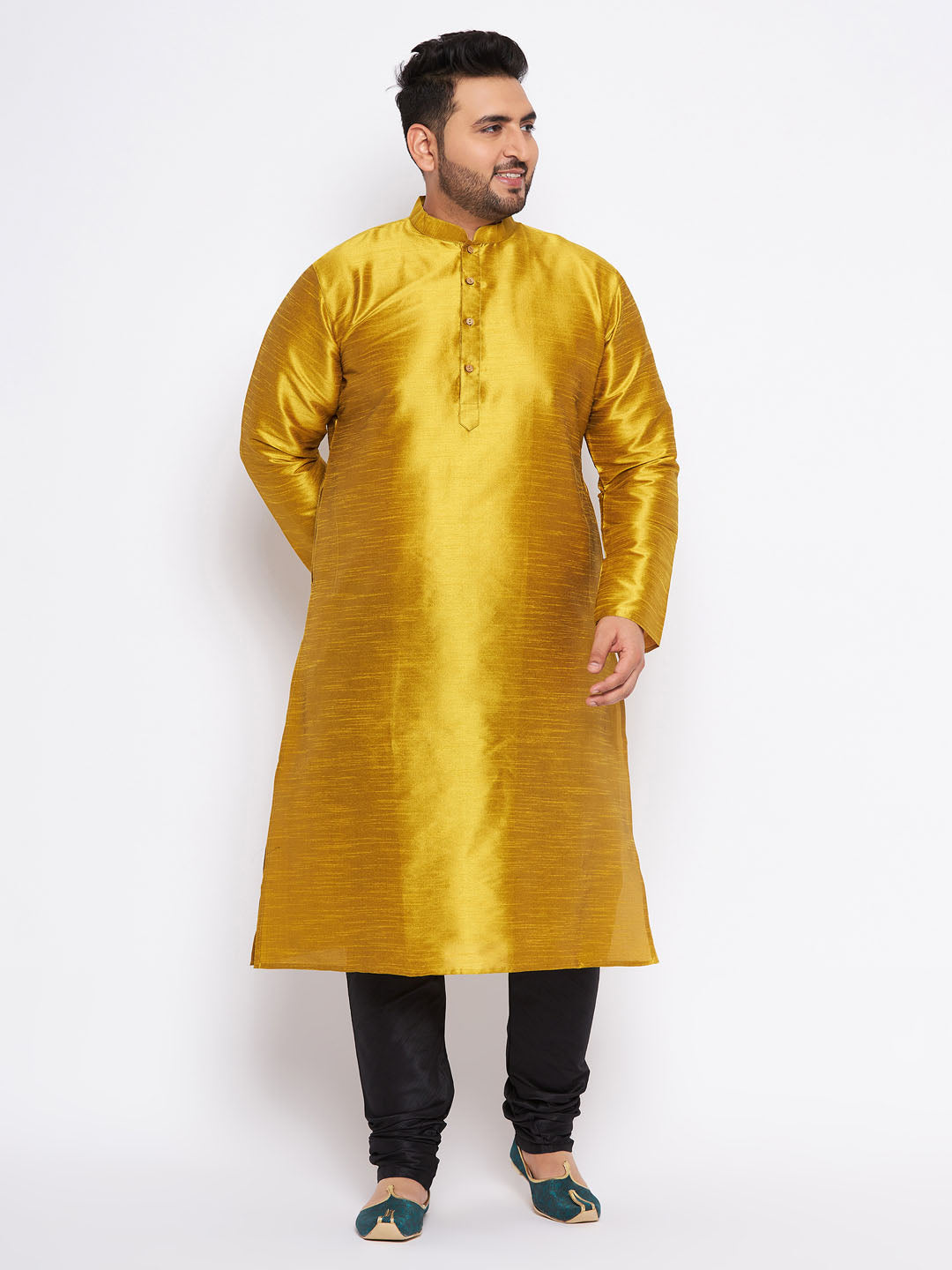 VASTRAMAY Men's Plus Size Mustard Silk Blend Kurta And Black Pyjama Set