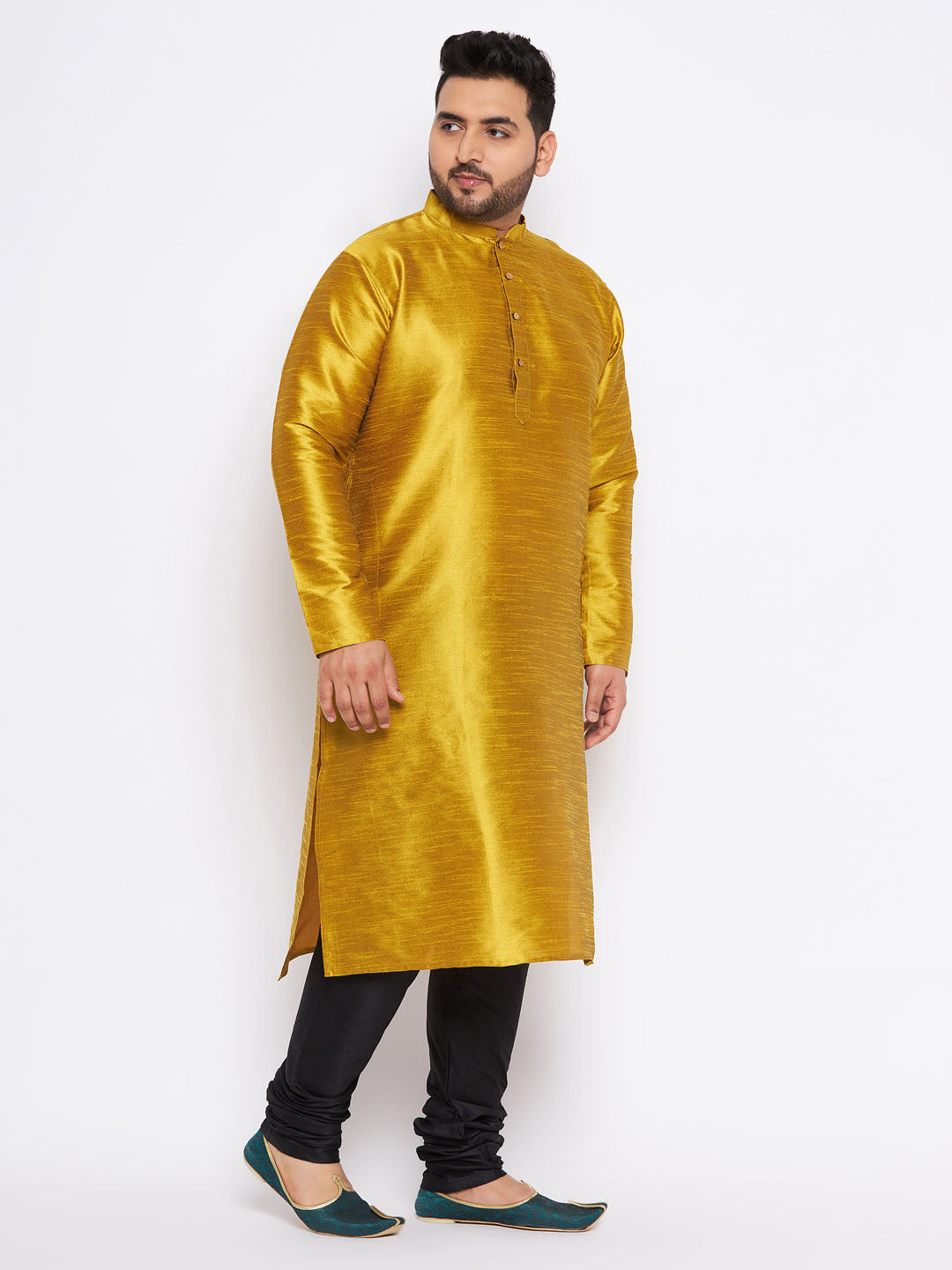 VASTRAMAY Men's Plus Size Mustard Silk Blend Kurta And Black Pyjama Set