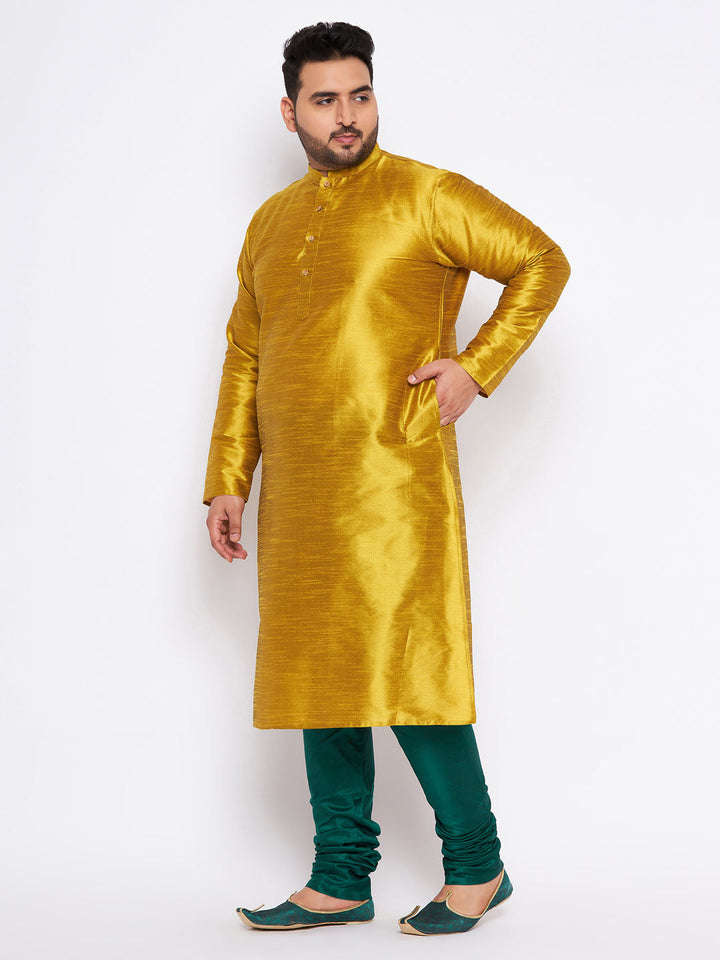 VASTRAMAY Men's Plus Size Mustard Silk Blend Kurta And Green Pyjama Set