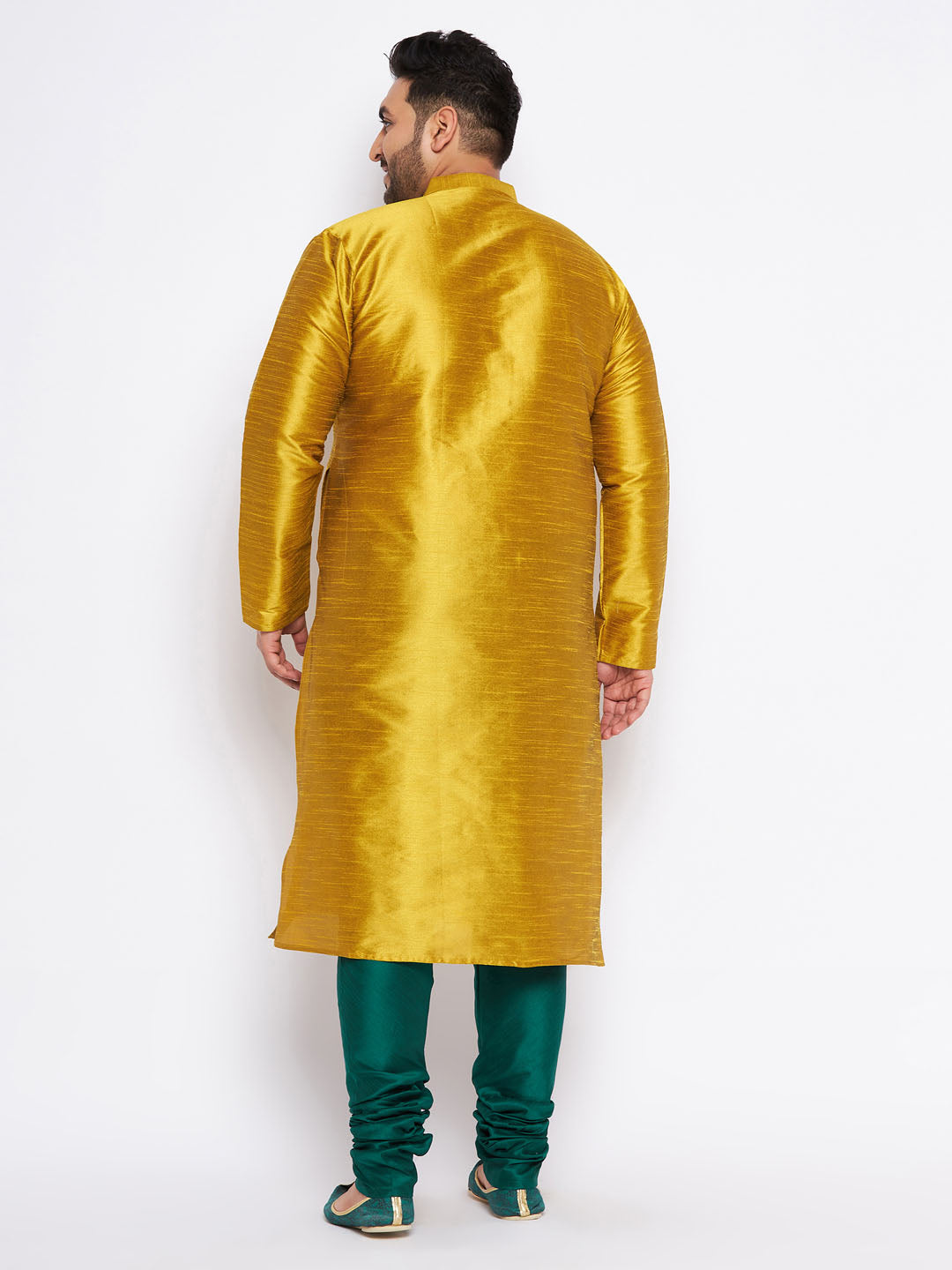 VASTRAMAY Men's Plus Size Mustard Silk Blend Kurta And Green Pyjama Set