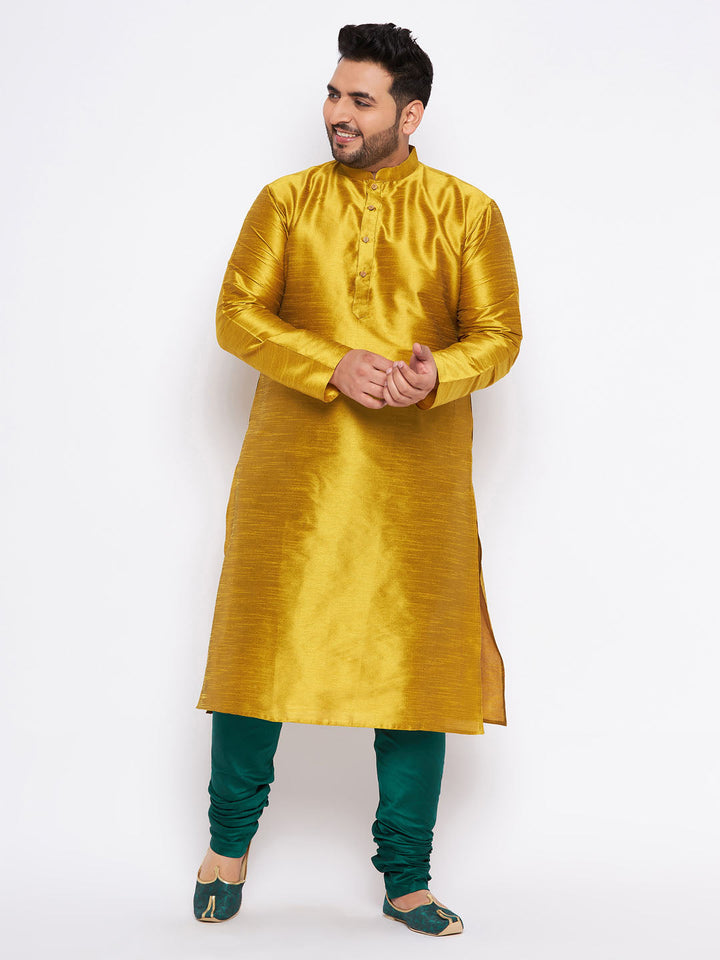 VASTRAMAY Men's Plus Size Mustard Silk Blend Kurta And Green Pyjama Set