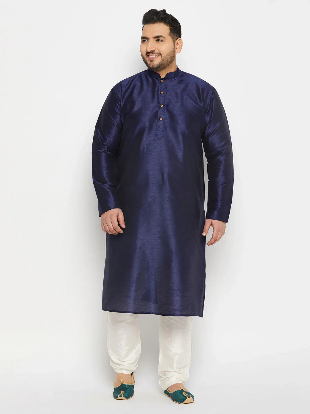 Men's Plus Size Navy Blue Silk Blend Kurta And Cream Pant Style Pyjama Set
